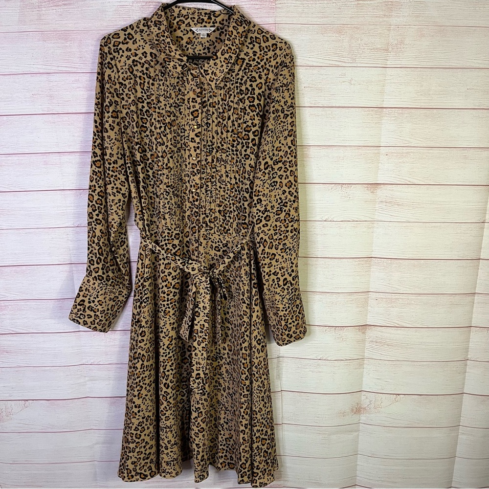 Nanette Lepore Belted Pleated Buttoned Leopard Print Long Sleeve Dress‎ Size 16